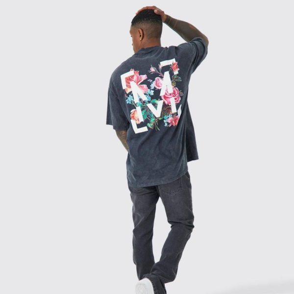 Oversized Floral Graphic Acid Wash T-Shirt - Charcoal - Image 3