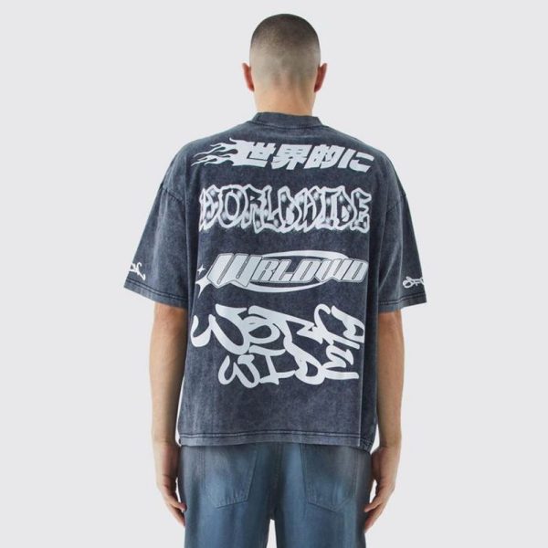 Tall Oversized Boxy Extended Neck Puff Print Washed T-Shirt - Charcoal - Image 3