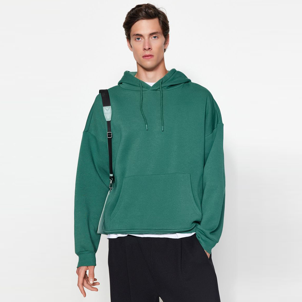 Green Men's Oversize/Wide-Cut Hoodie, Puffy Back Printed Fleece Interior Cotton