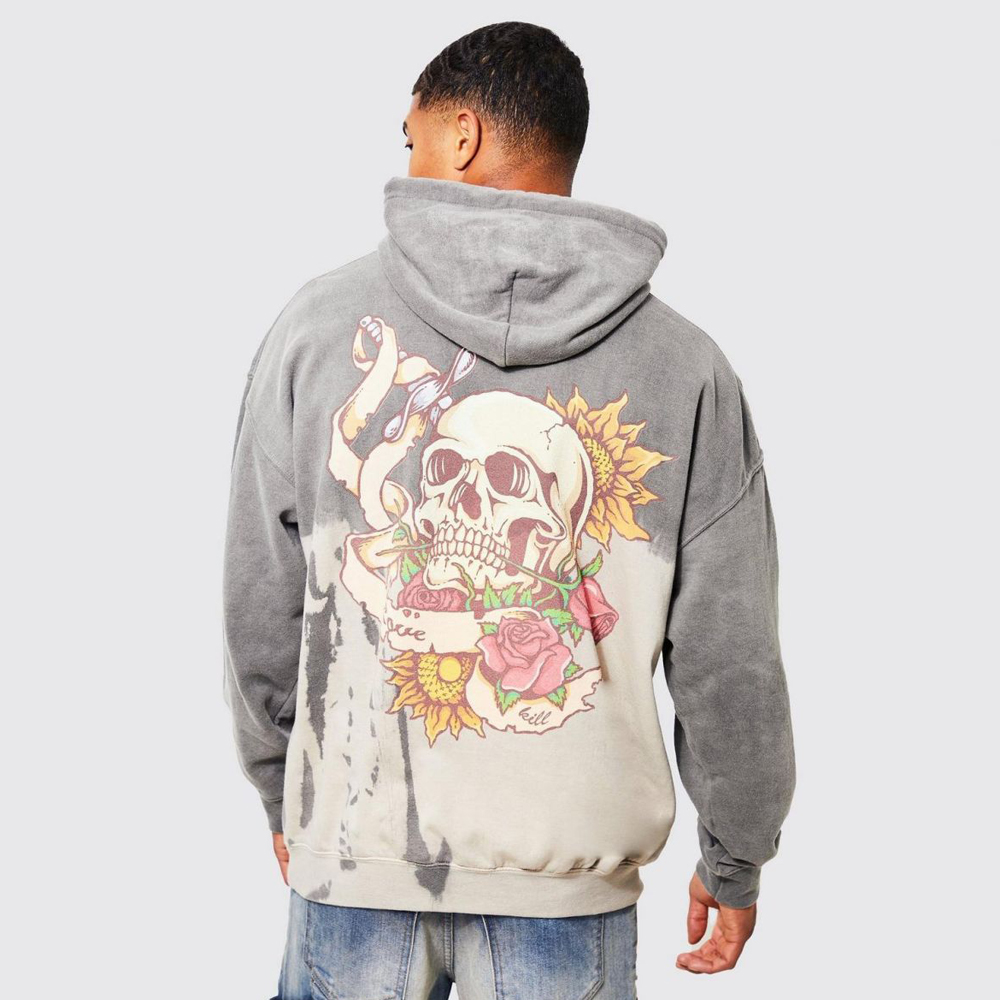 Oversized Bleach Tie Dye Skull GRraphic Hoodie - Grey - Image 2