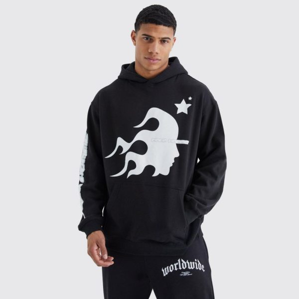 Oversized Homme Graphic Puff Print Hoodie - Black