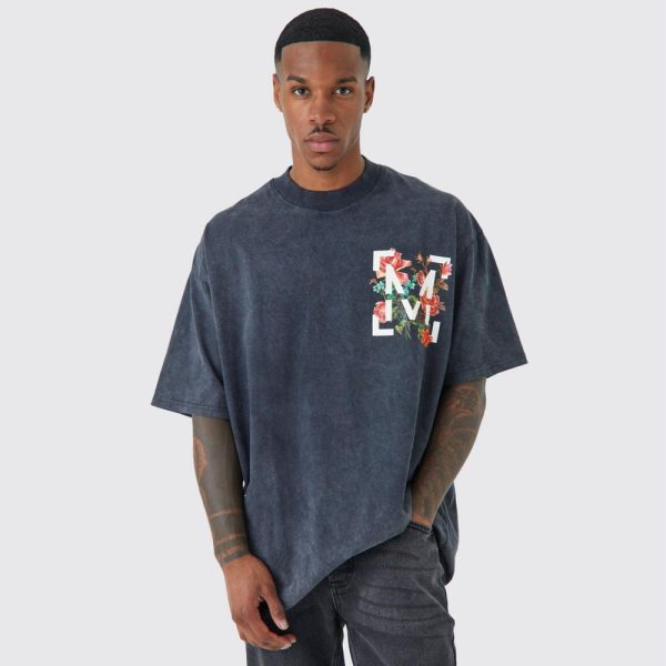 Oversized Floral Graphic Acid Wash T-Shirt - Charcoal