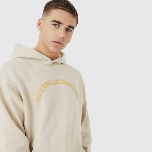 Oversized Puff Print Worldwide Hoodie - Sand - Image 2