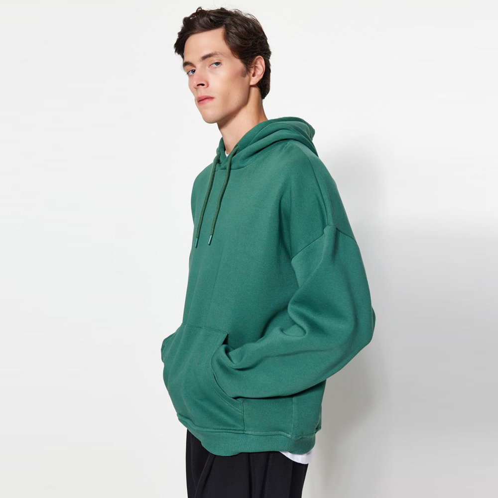 Green Men's Oversize/Wide-Cut Hoodie, Puffy Back Printed Fleece Interior Cotton - Image 2
