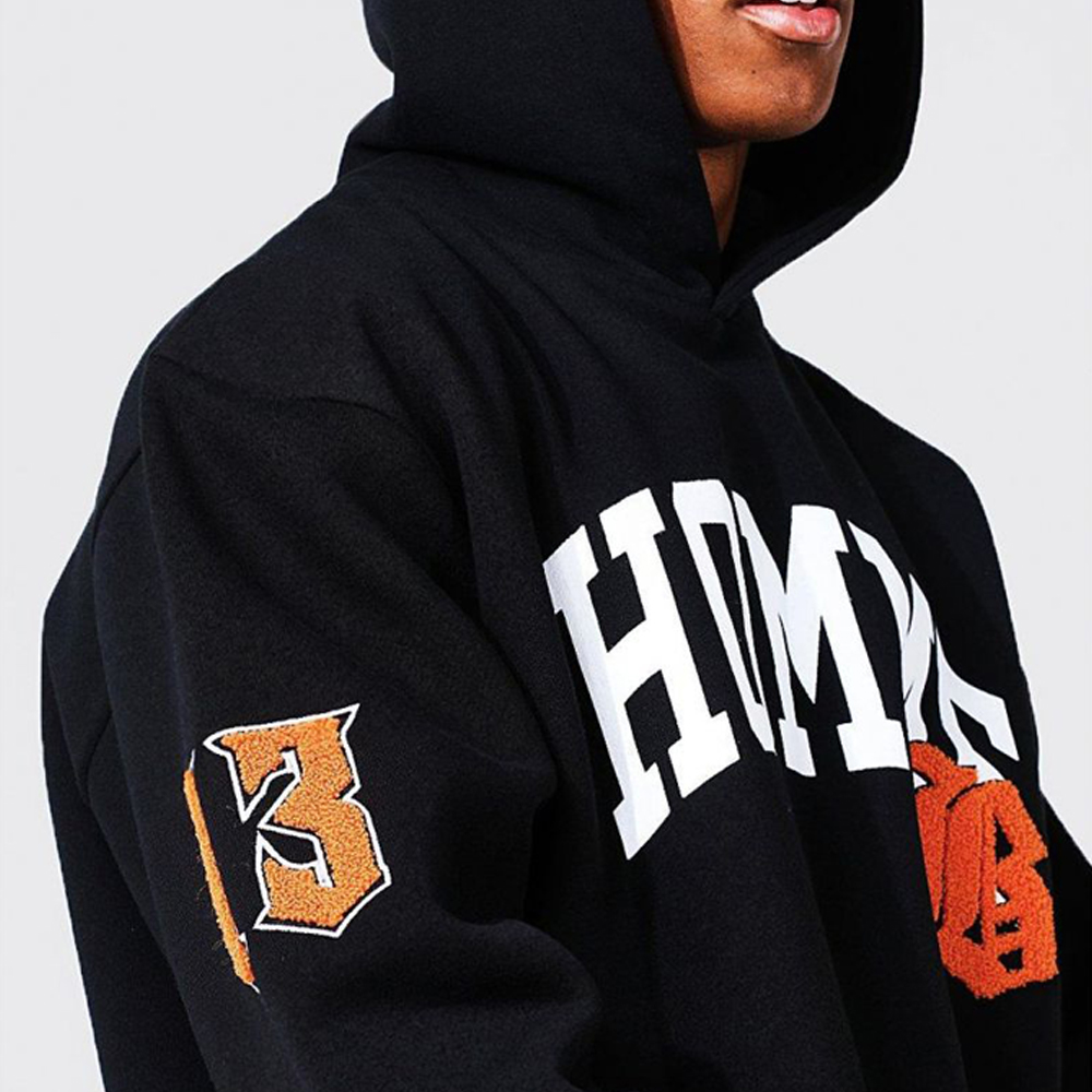 Oversized Homme Applique Varsity Hoodie - Black - Image 2
