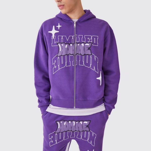 Oversized Boxy Zip Through Puff Print Hoodie - Image 2