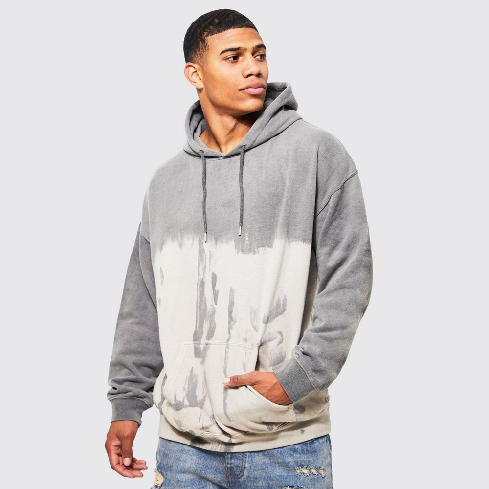 Oversized Bleach Tie Dye Skull GRraphic Hoodie - Grey