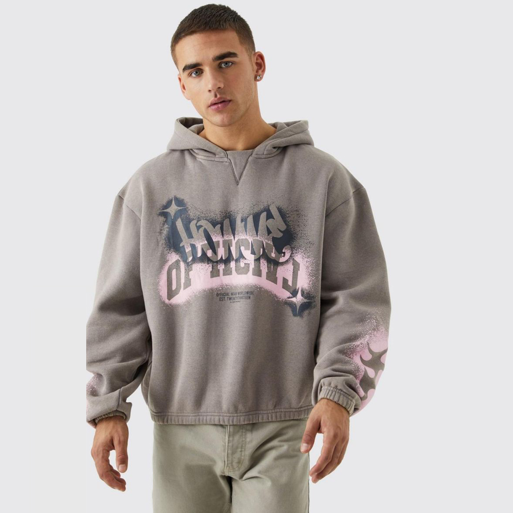 Boxy Fit Homme Graffiti Print Hoodie - Light Grey