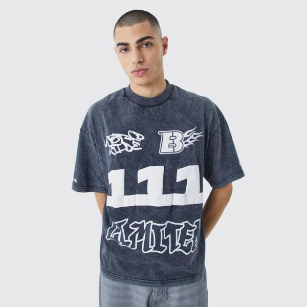 Tall Oversized Boxy Extended Neck Puff Print Washed T-Shirt - Charcoal
