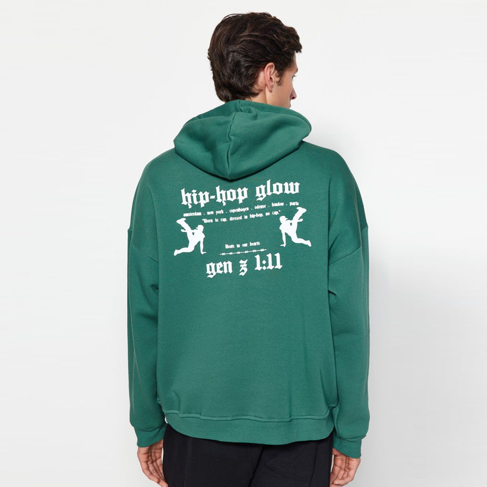 Green Men's Oversize/Wide-Cut Hoodie, Puffy Back Printed Fleece Interior Cotton - Image 3