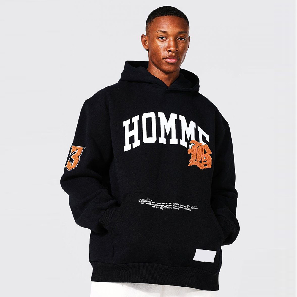 Oversized Homme Applique Varsity Hoodie - Black
