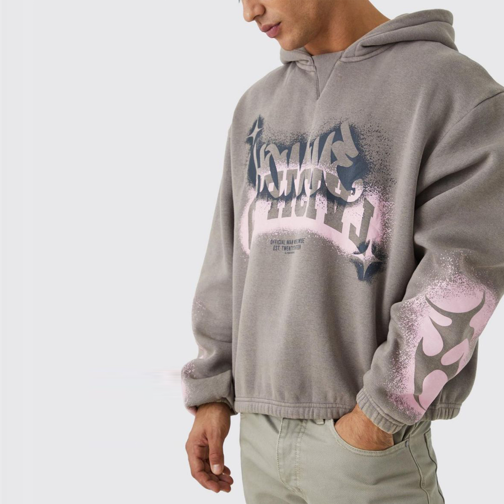 Boxy Fit Homme Graffiti Print Hoodie - Light Grey - Image 2