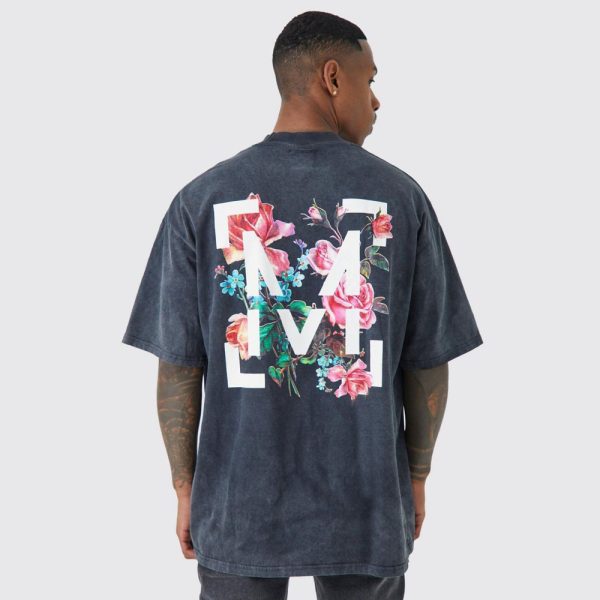 Oversized Floral Graphic Acid Wash T-Shirt - Charcoal - Image 2