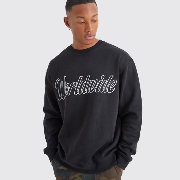 Oversized Worldwide Puff Print Sweatshirt - Black