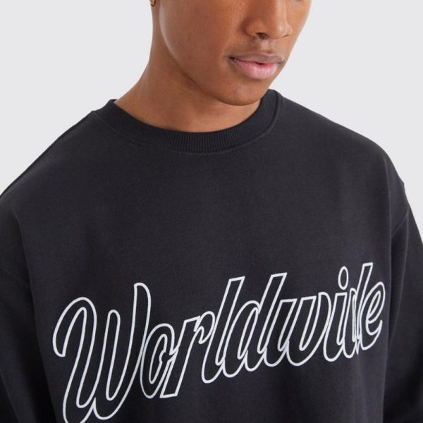 Oversized Worldwide Puff Print Sweatshirt - Black - Image 2
